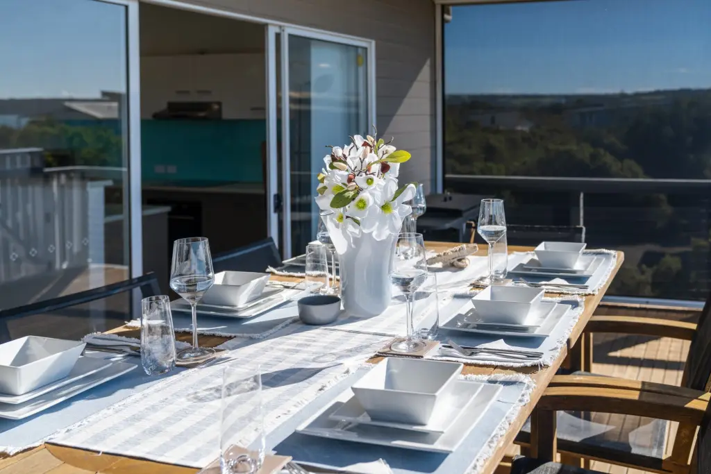 Deck table set for lunch