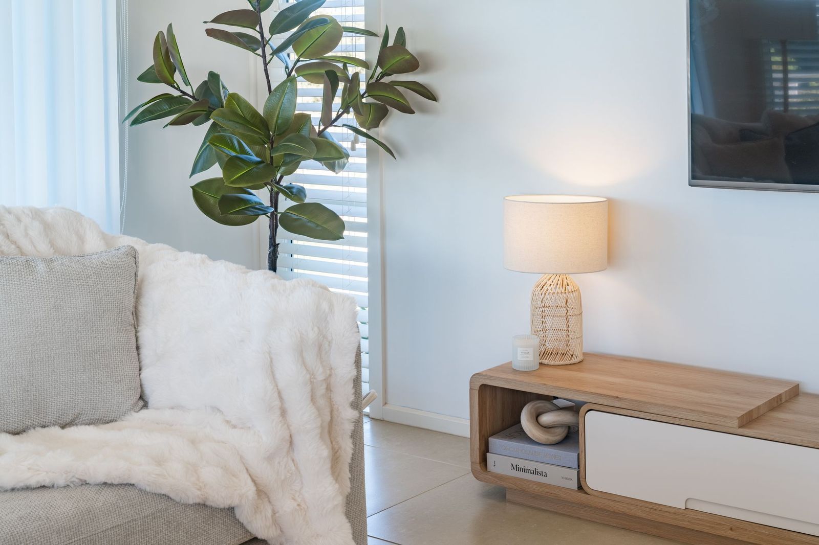 Living room detail — plant, lamp and sheepskin throw