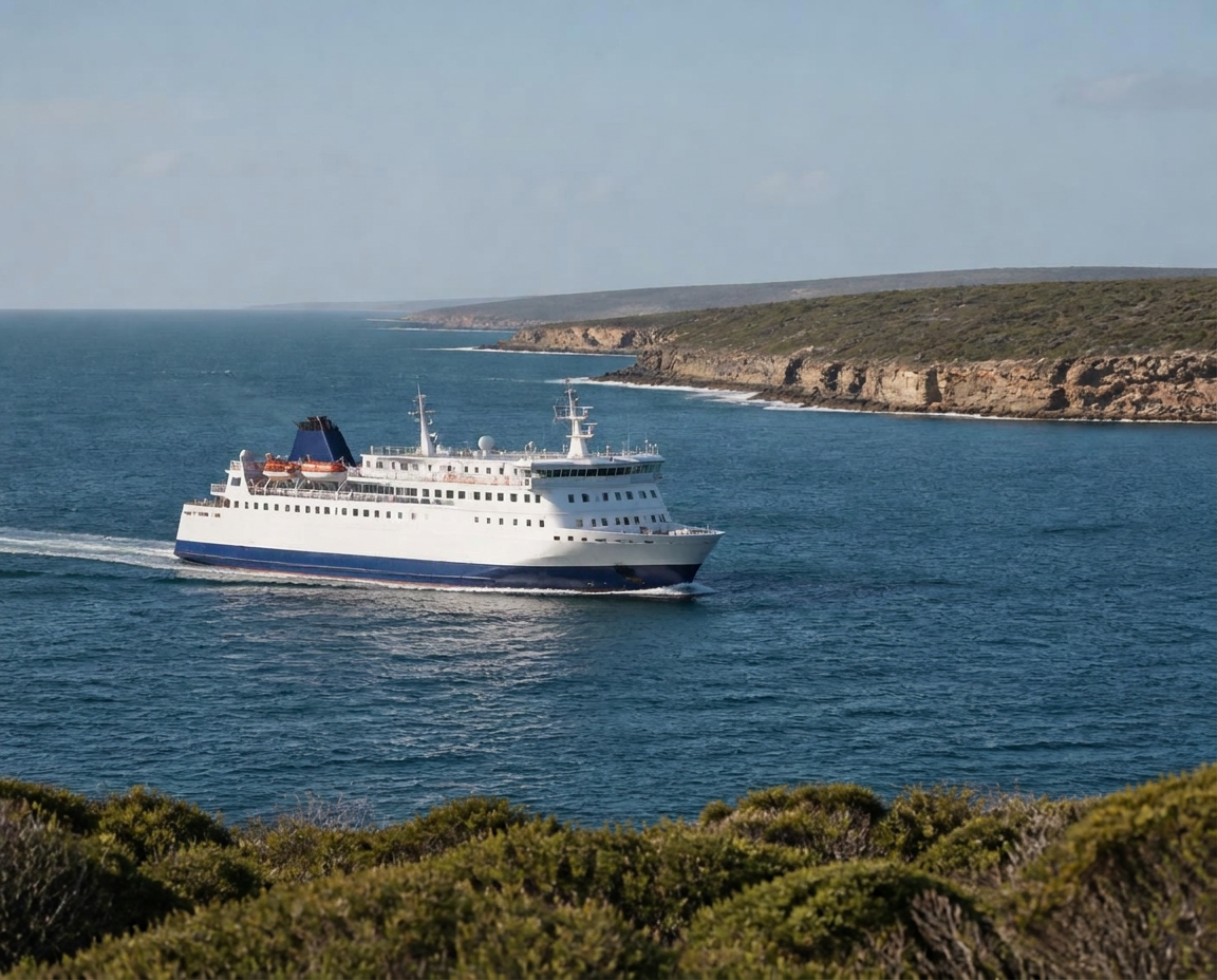 Vehicle and passenger ferry crossing to Kangaroo Island past a rugged coastline
