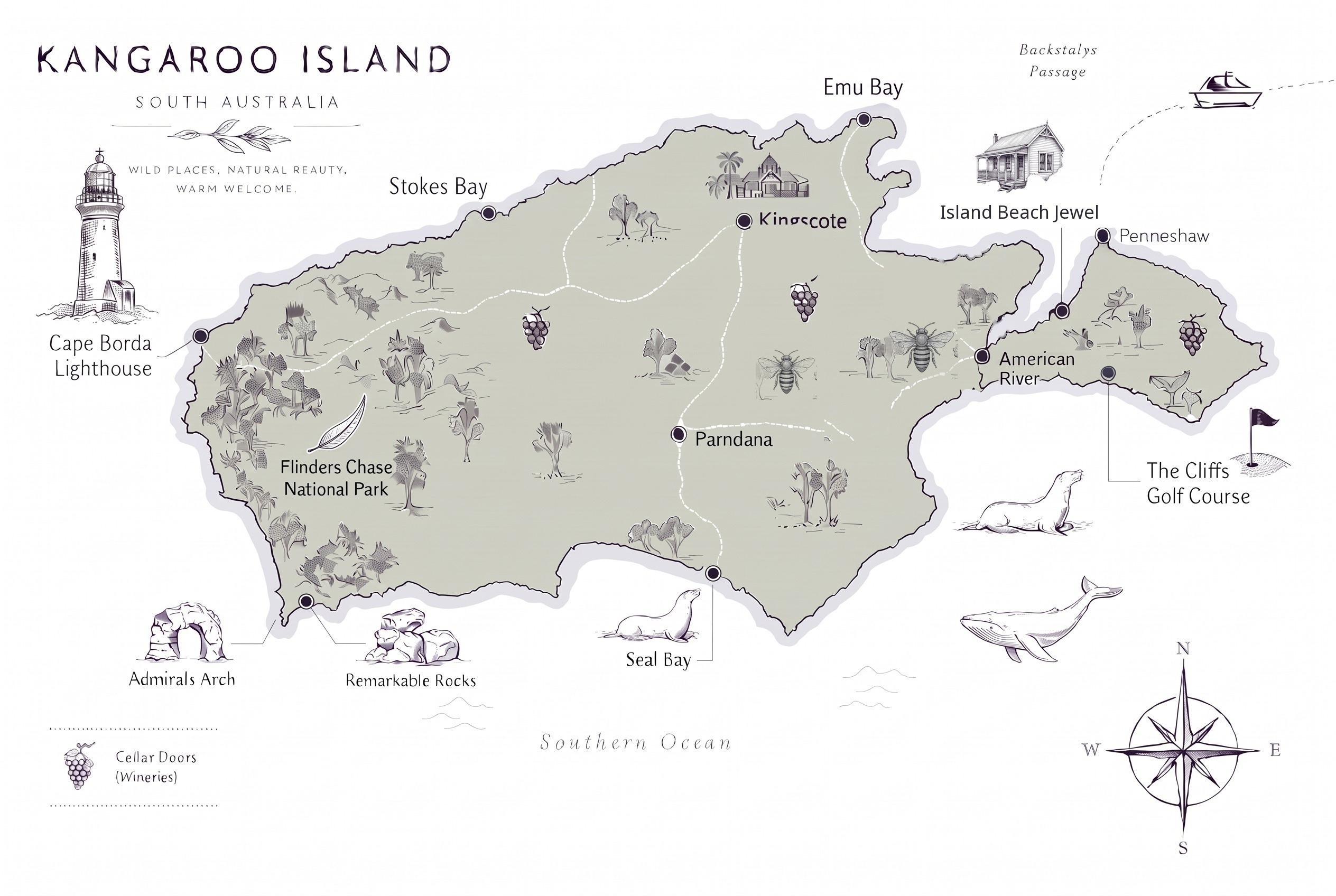Illustrated tourist map of Kangaroo Island showing the Remarkable Rocks, Admirals Arch, Seal Bay, Flinders Chase National Park, cellar doors, the Penneshaw ferry and Island Beach